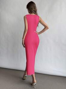 Firerie Women's Square Neck Ruched Waist Split Hem Pink Dress, Elegant For Vacation, Everyday, Wedding Season - Hot Pink - View 2