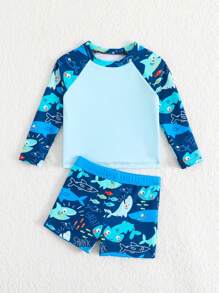 Baby Jungen Hai Muster Langarm Schwimmanzug Set