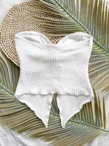 SHEIN PETITE Áo ba lỗ dệt kim họa tiết màu mơ cho kỳ nghỉ của phụ nữ với viền xoắn bất đối xứng - trắng - Xem 9