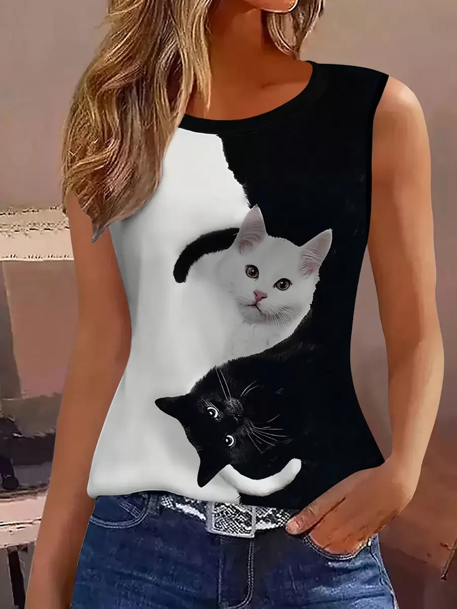 INAWLY Áo ba lỗ in hình mèo Colorblock mùa hè giản dị - Đen và trắng - Xem 1