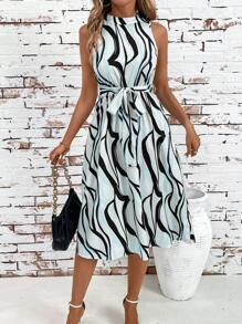 SHEIN Clasi 艺术樱花印花中长连衣裙，夏季 - 淺藍色 - 查看 3