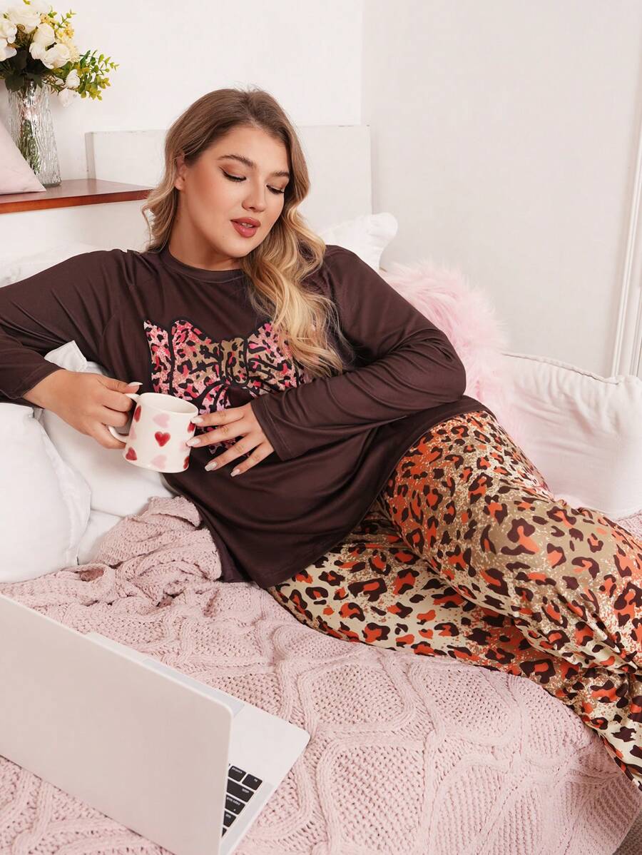 Plus Size Leopard Print Bow Accent Long Sleeve Sleepwear Set - Coffee Brown - View 1