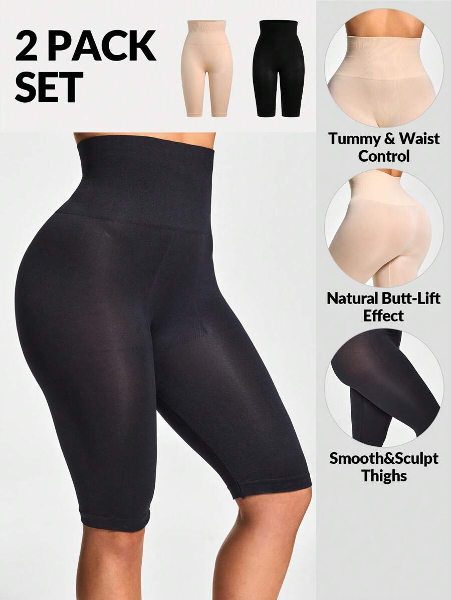 SHAPORA 2 Packs Seamless Cut-Out Mid Thigh Short Set Body Shaper Butt Lifter-Tummy Waist Thigh Control - Multicolor - View 1