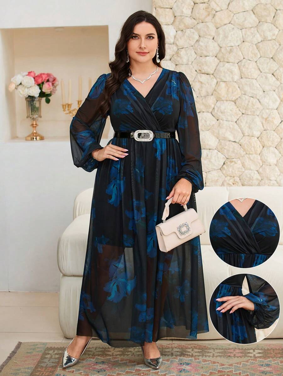 Modelyn Plus Size See-Through Floral Mesh V-Neck Long Party Dress - Multicolor - View 1