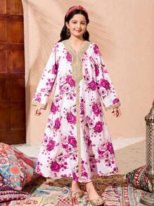 Tween Girl Abaya Kaftan Jalabiya 束腰宽松传统复古印花连衣裙，配有金属饰边 - 玫紅色 - 查看 4