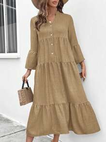 SHEIN LUNE 女式缺口领单排扣长袖休闲连衣裙长款女装 - 卡其色 - 查看 6