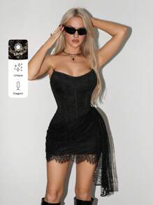 SHEIN x Luisa Sonza SHEIN ICON Váy midi hở lưng ren xương cá gợi cảm của Pure Lust American - màu đen - Xem 9