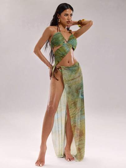 SHEIN BAE 女士扎染印花镂空侧开衩下摆性感挂脖罩衫连衣裙，度假风格