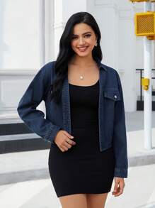 SHEIN Essnce 女士休闲牛仔夹克，长袖，百搭，适合秋季日常穿着 - 深色水洗藍 - 查看 1