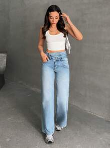SHEIN Cottnline 休闲蓝色口袋低腰牛仔阔腿裤春季 - 中等水洗藍 - 查看 4