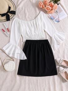 Wildeya 2pcs/Set Teenager Girls Casual & Elegant Flare Sleeve Shirt, White Blouse And Black Skirt Set, Suitable For Vacation, Leisure, School In Spring, Summer, Autumn