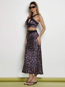 COSMINA Falda larga con encaje con estampado floral diminuto elegante para mujer, para primavera/verano