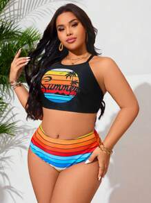 Swim Lushoire 大码女式豹纹吊带抽绳休闲度假泳装套装 - 彩色 - 查看 3