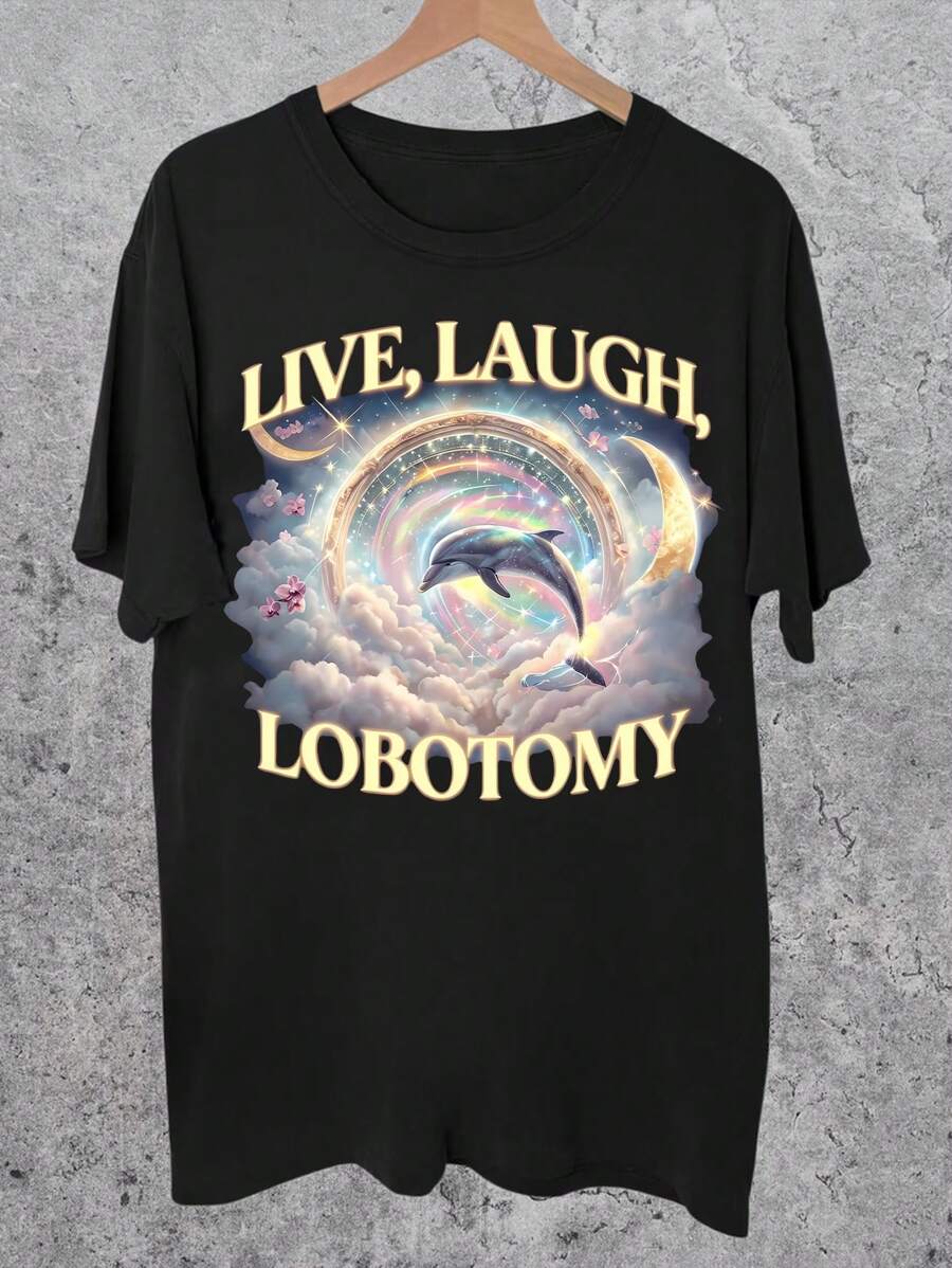 Dolphin Graphic "Laughter Resection" Meme Print Women Round Neck T-Shirt - Black - View 1