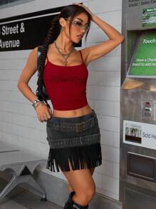 SHEIN ICON Punk Style Double Waist Belt Fringed Black Denim A-Line Skirt For Women - Dark Grey - View 5