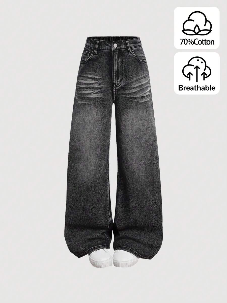 SHEIN Girlism Tween Girls Y2K 酷炫时尚水洗猫须斜口袋宽松阔腿牛仔裤，女孩秋装返校街头装 - 黑色 - 查看 1