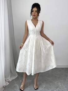 Rafferiza Sleeveless Cinched Waist Button Down Cutout Hem Skater Dress