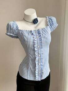Elamini Women Gingham Puff Sleeve Button-Up Shirt With Wooden Trim - Blue - View 1