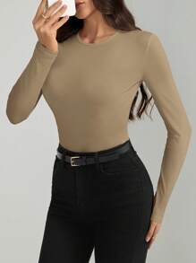 SHEIN Tall Solid Slim Fit Spring Women Bodysuit - Khaki - View 5