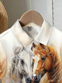 SHEIN Fine Horse, White Horse, Brown Horse, Young Boys Casual Loose Comfortable Daily Wear Short Sleeve Shirt, Suitable For Spring And Summer