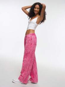 Easelle 2025新款女式松紧腰口袋宽松阔腿热粉色休闲百搭牛仔裤，适合夏季音乐节 - 玫紅色 - 查看 6