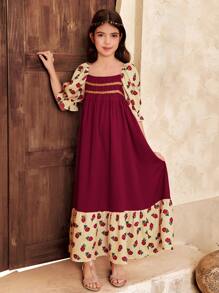 SHEIN Tween Girls' Vacation Casual Color Block Ditsy Floral Puff Sleeve Midi Dress With Square Neckline - Burgundy - View 4