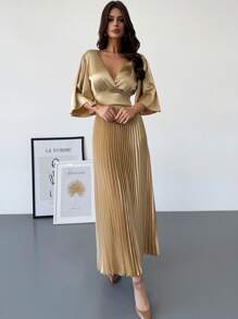 Firerie 优雅浪漫 V 领荷叶边袖口收腰金色褶皱长礼服，情人节系列 - 金色 - 查看 4