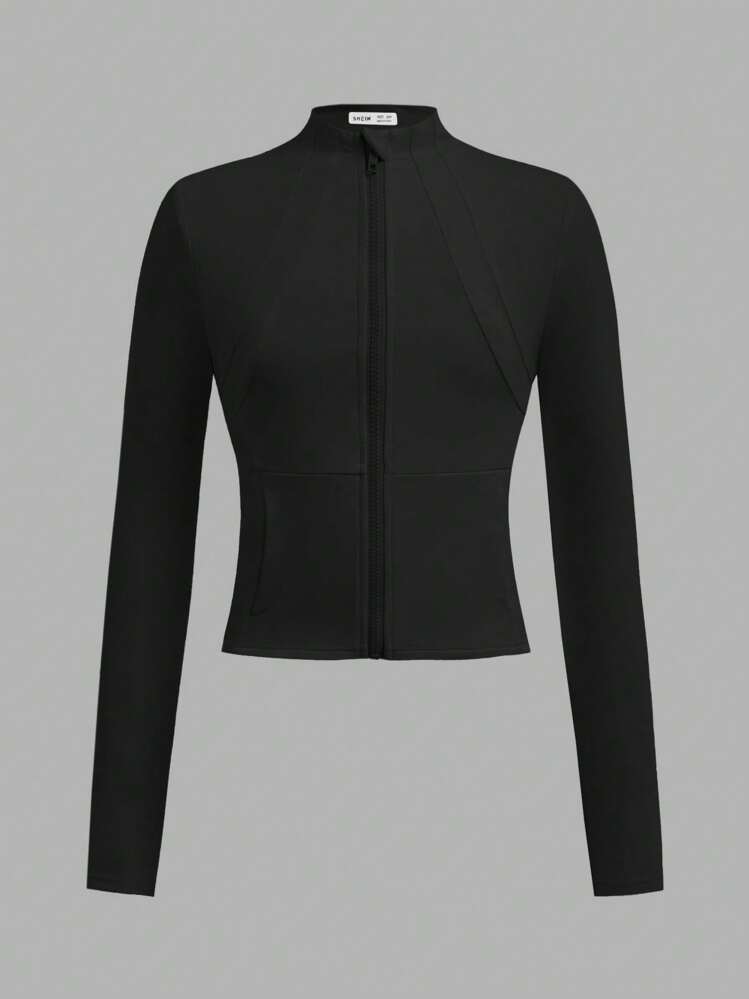 SHEIN SLAYR KIDS 4 Seasons Sun-Protective Zipper Jacket For Tween Girls, Snug Fit For Running, Gym, Yoga, Sports,In Fall/Winter - Black - View 5