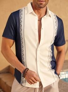 Manfinity RSRT Áo sơ mi nam tay ngắn chắp vá màu sắc cho kỳ nghỉ, áo sơ mi nam mùa hè - Xanh đậm - Xem 5