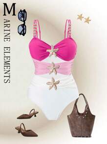 SHEIN Swim Curve Plus Size 1PC Swimsuit, Metallic Accent Minimalist Design, Vacation Beach Outfit For Women For Summer - Multicolor - View 1