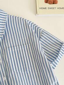 SHEIN LMoss Kids Tween Girls' Casual Turndown Collar Patch Pocket Loose Striped Cropped Short Sleeve Blouse - Blue - View 7