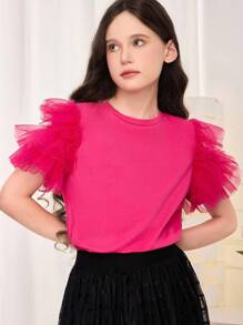 SHEIN Tween 女童纯色圆领网眼拼接短袖 T 恤 - 玫紅色 - 查看 1