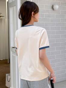 DAZY Letter Graphic Contrast Binding Tee - Beige - View 2