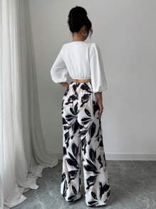 Elenzga Conjunto de blusa de manga abombada elegante y romántica para vacaciones y pantalones anchos de pierna con estampado floral para mujer - Blanco - Ver 2