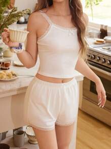 SHEIN Teen Girl Simple Elegant Lace Trim Bow Decor Camisole And Shorts 2Pcs Pajama Set, Summer Mommy And Me Matching Outfits (Sold Separately)
