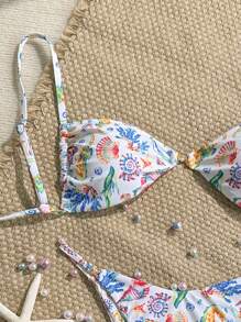 Swim Mod 2pcs/Set Summer Holiday Random Graphic Print Spaghetti Strap Bandeau Top And Bikini Bottom Sexy Women Swimwear - Multicolor - View 5