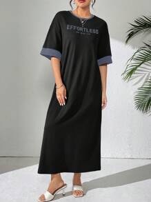 Mulvari 女式字母印花圆领落肩长款休闲 T 恤连衣裙，超长连衣裙，非常适合海滩/休闲/度假/家居服/运动/返校和日常休闲装 - 黑色 - 查看 3