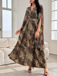 Modelyn Chiffon Long Sleeve Leopard Print Elegant Dress - Multicolor - View 4