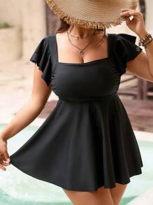 Swim Lushoire Traje de baño casual sexy de 2 piezas talla grande para fiesta en la piscina, con Top corta de cuello cuadrado con volantes en las mangas y falda con estilo de bajo en forma de triángulo