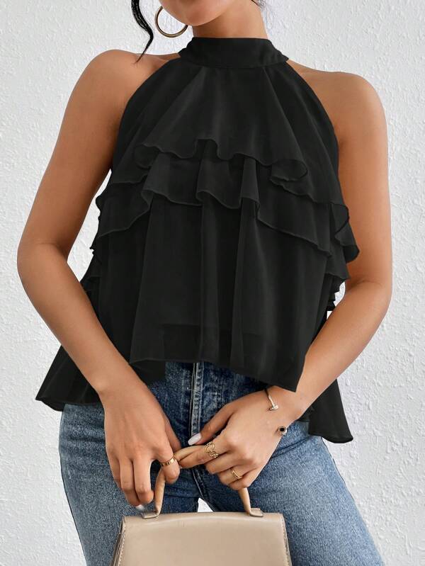 Firerie Blouse en mousseline de soie asymétrique avec ourlet à volants et col ample