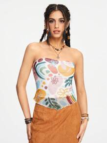 H3IDI Women Floral Artistic Pattern Fitted Tube Top - Multicolor - View 1