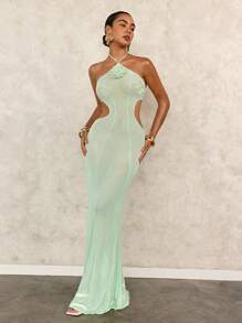 SHEIN Swim Vestido de malla con flores verde claro estilo sirena para mujer, vestido elegante y sexy de corte ceñido verde menta con diseño calado para cubrir traje de baño, para primavera/verano