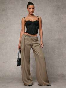 SHEIN BAE Women's Solid Gray Casual, Commuting, Daily Loose Fit Pants With Drawstring Waist & Eyelet Detail