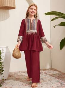 SHEIN Leap Crew Tween Girl Loose Modest Holiday Floral Spliced Collar Shirt And Relaxed Pants 2 Pieces Set - Burgundy - View 7