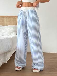 SHEIN EZwear Women's Drawstring Waist Striped Wide Leg Loose Casual Pants, Versatile