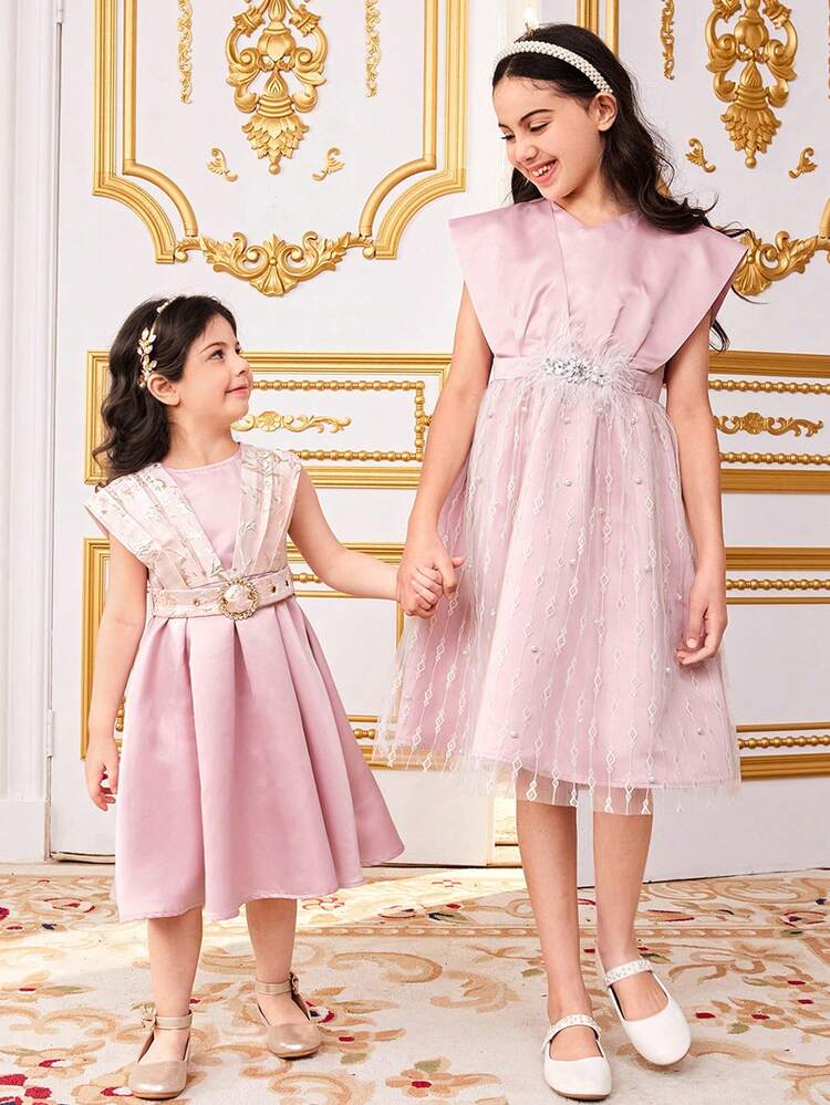 Tween Girls Sibling Coordinated Casual Mesh & Pearl Embellished Waist Tie Dress