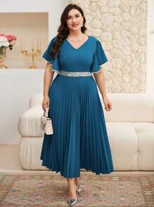 Modelyn Plus Size V-Neck Rhinestone Embellished Pleated Waist Elegant Dress - Blue - View 6
