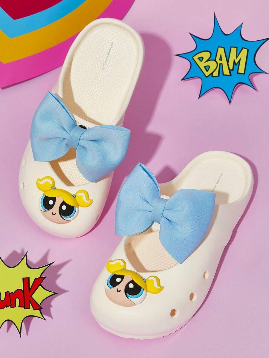 THE POWERPUFF GIRLS X SHEIN Chanclas supermonos con gran lazo blanco y diseño de burbujas de dibujos animados, fabricadas en material EVA ligero para uso en interiores y exteriores