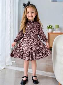 SHEIN Young Girl Casual Matching Mother-Daughter Leopard Print Ruffle Hem Cinched Waist A-Line Elegant Fashion Dress, Autumn/Winter, Autumn/Winter For Back To School Season, Suitable For School, Travel, Outing, And Home Use, For Fall/Winter,Great For Casual & Daily Wear & School Daily In Spring And Autumn,Mom And Daughter Matching,Sister And Me Matching - Pink - View 6
