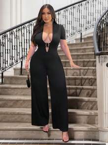 Flirla Plus Size Solid Color Short Sleeve Hollow Casual Jumpsuit, Concert Outfit - Black - View 2